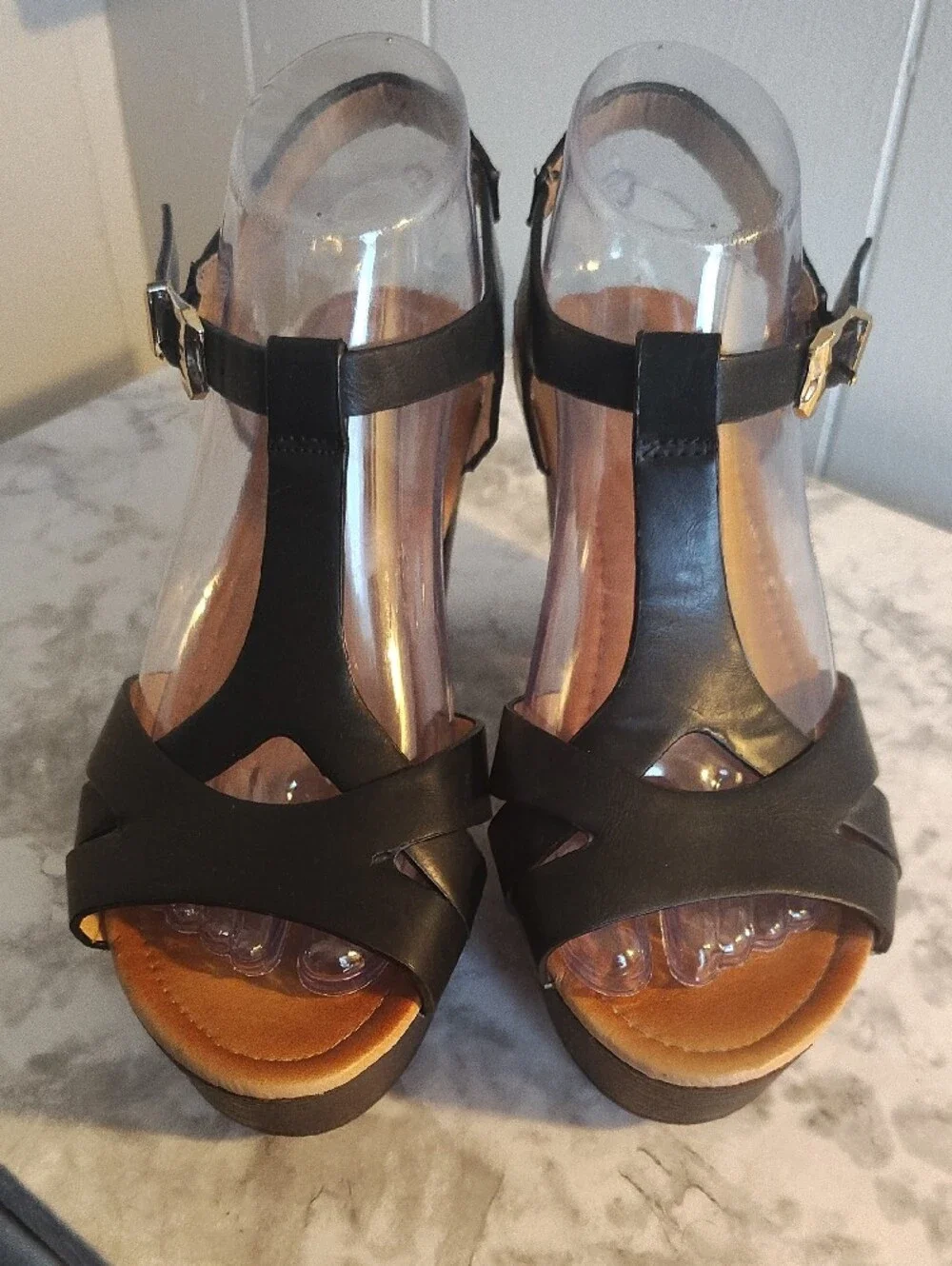 Black T-Strap Platform Sandals with Gold Buckle